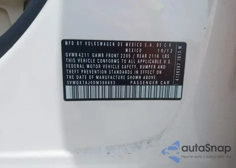 2013 Volkswagen Jetta Se z USA, uszkodzony, nr VIN 3VWDX7AJ0DM388893